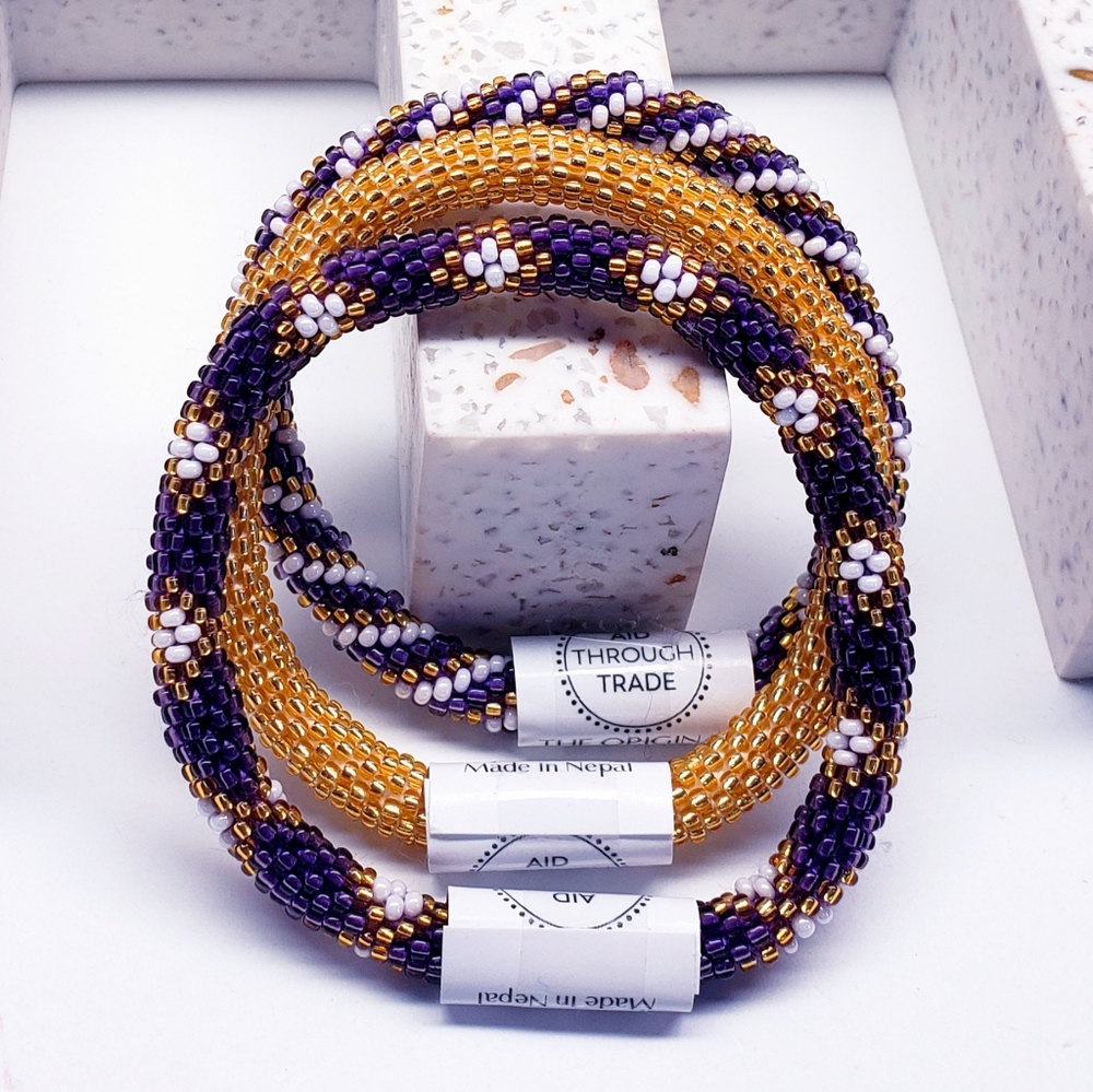 PURPLE & GOLD -Original Roll-On® Bracelets, 7" round, made in Nepal #1(3 pieces)